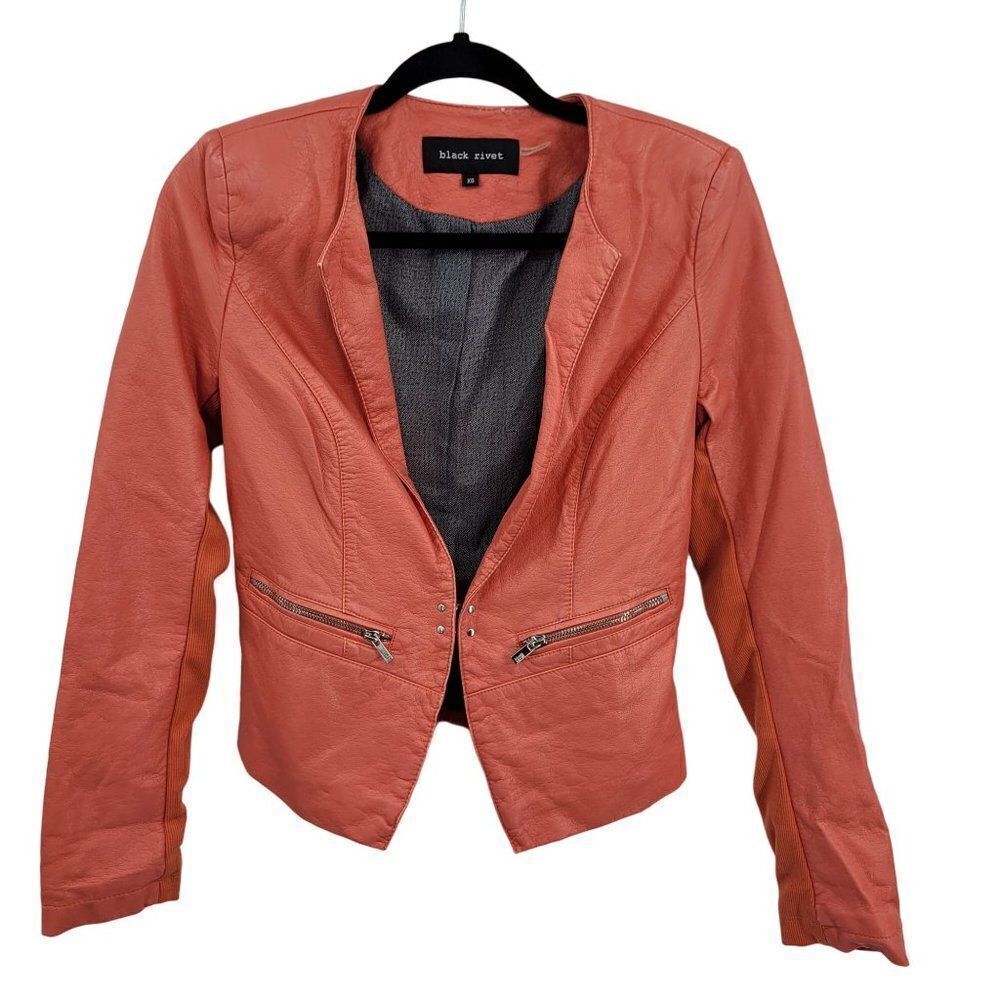 Black Rivet Retro 80s Vegan Faux Leather Biker Jacket‎ XS Coral Zipper Baddie